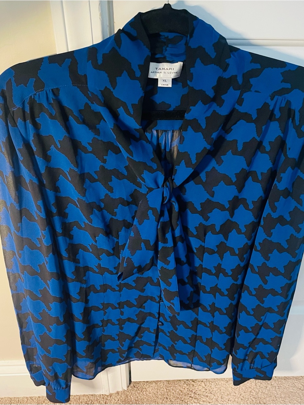 Tahari Cobalt Blue Black Houndstooth Sheer Blouse with Tie Neck Top